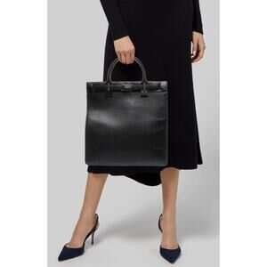 Gucci Vintage Black Leather Structured Tote Bag Gold Hardware Authentic Classic